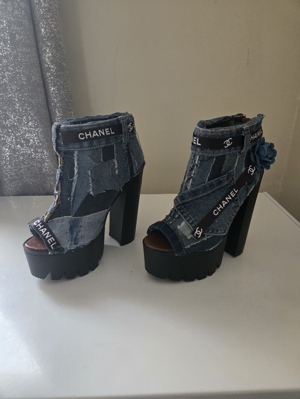 Upcycled Denim Camellia Platform Ankle Boots - Blue - Picture 5 of 6